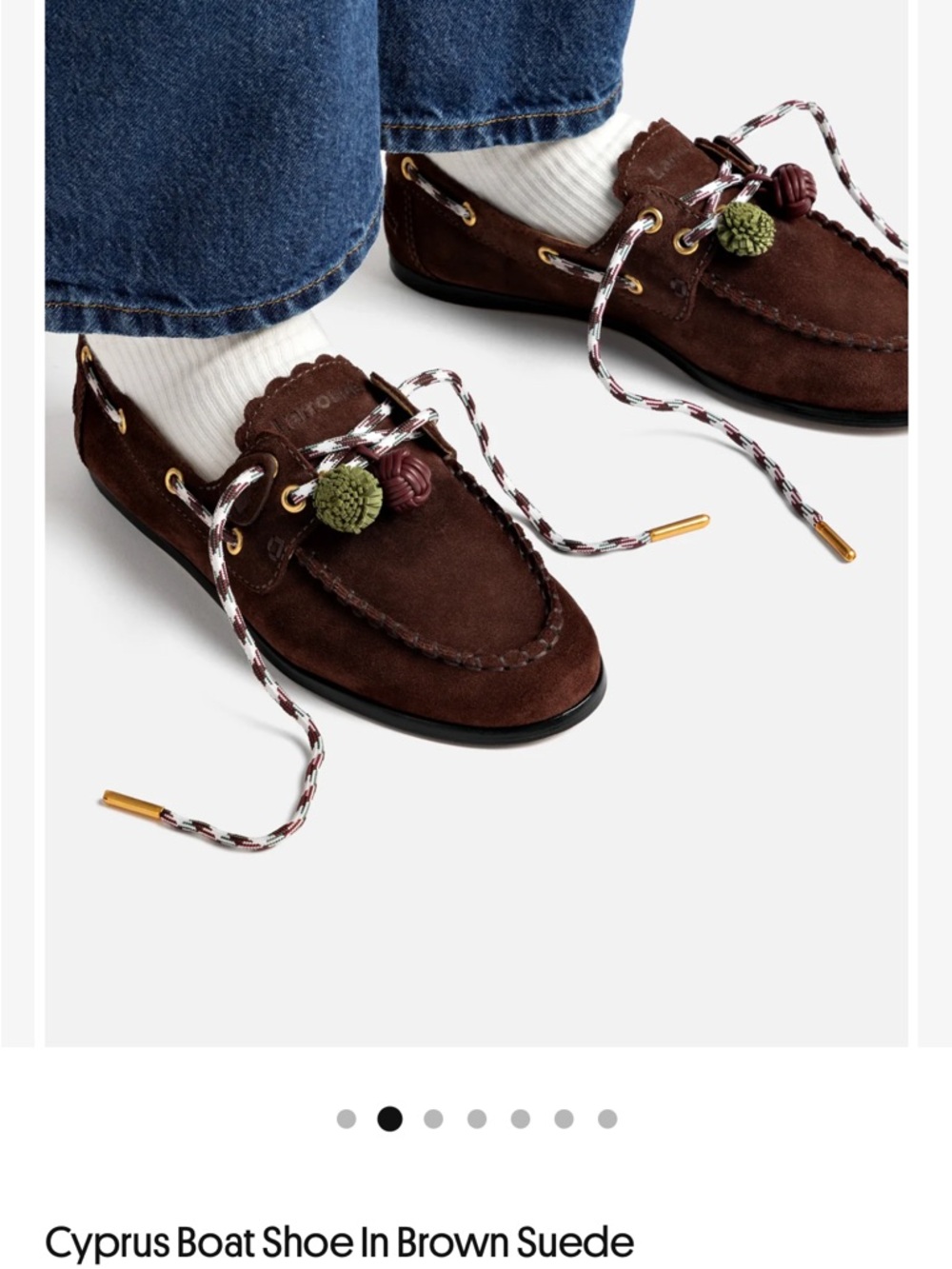 Larroude Brown Suede Moccasin Boat Shoe with Pom Accents